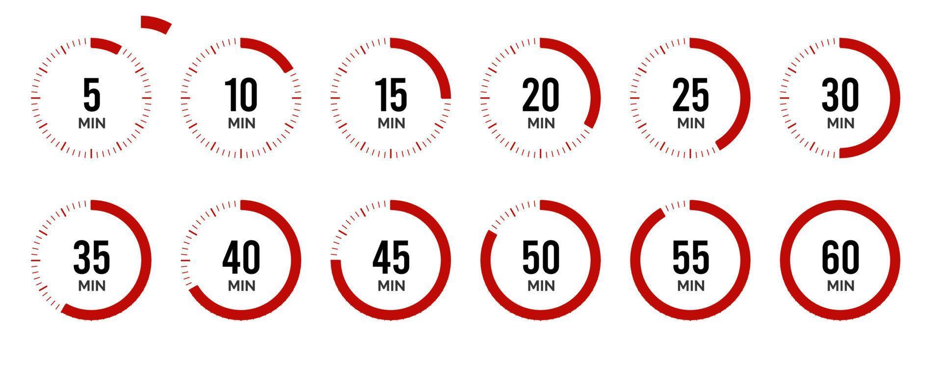 Timer icon collection. Set of timer Stopwatch icons. Countdown from 0 to 60 seconds. vector