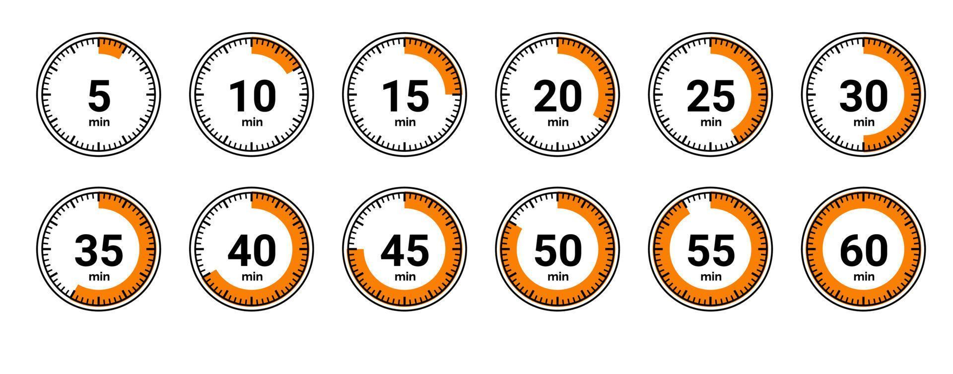 Timer icon collection. Set of timer Stopwatch icons. Countdown from 0 to 60 seconds. vector