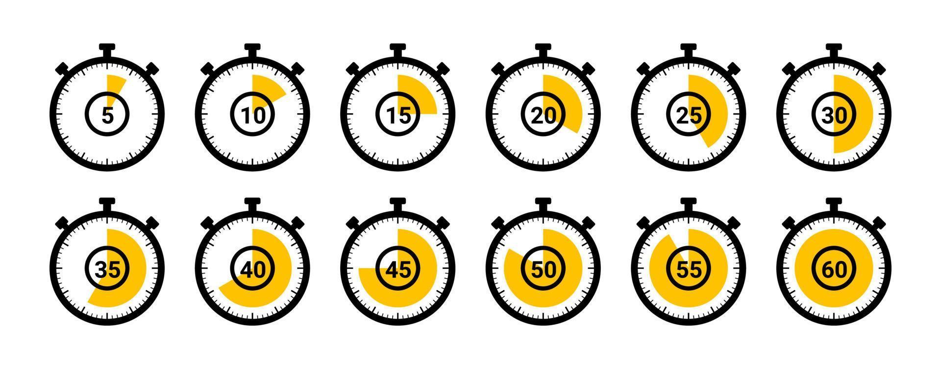 Timer icon collection. Set of timer Stopwatch icons. Countdown from 0 to 60 seconds. vector