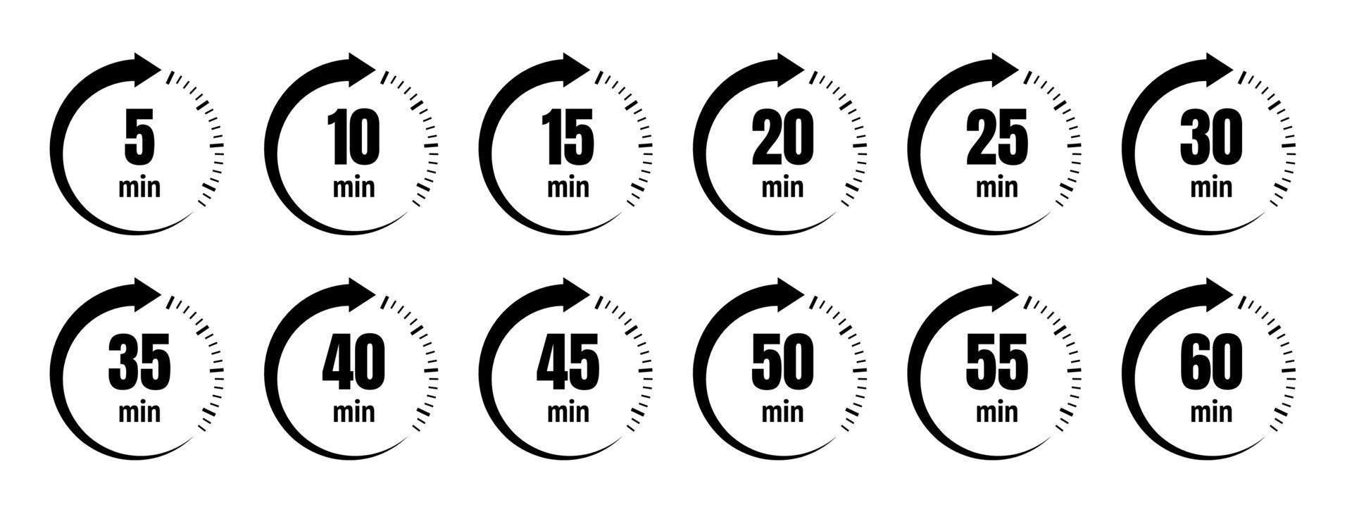 Timer icon collection. Set of timer Stopwatch icons. Countdown from 0 to 60 seconds. vector