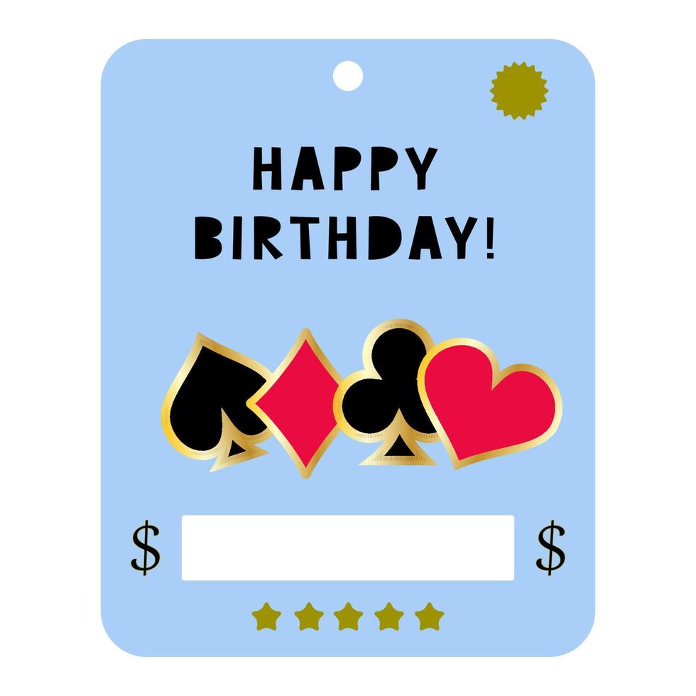 feliz cumpleaños celebración en blanco. maqueta de postal de dinero con lugar para el dinero. tarjeta de felicitación con ilustración de naipes, diseño divertido. vector