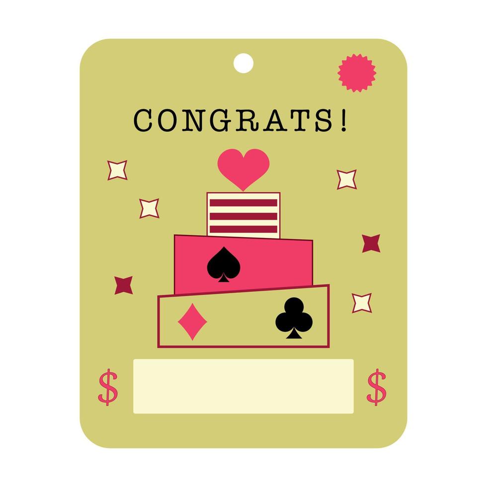 Celebration blank with Congrats quote. Money postcard mock up with place for money. Greeting card with playing card illustration, funny design. Vector