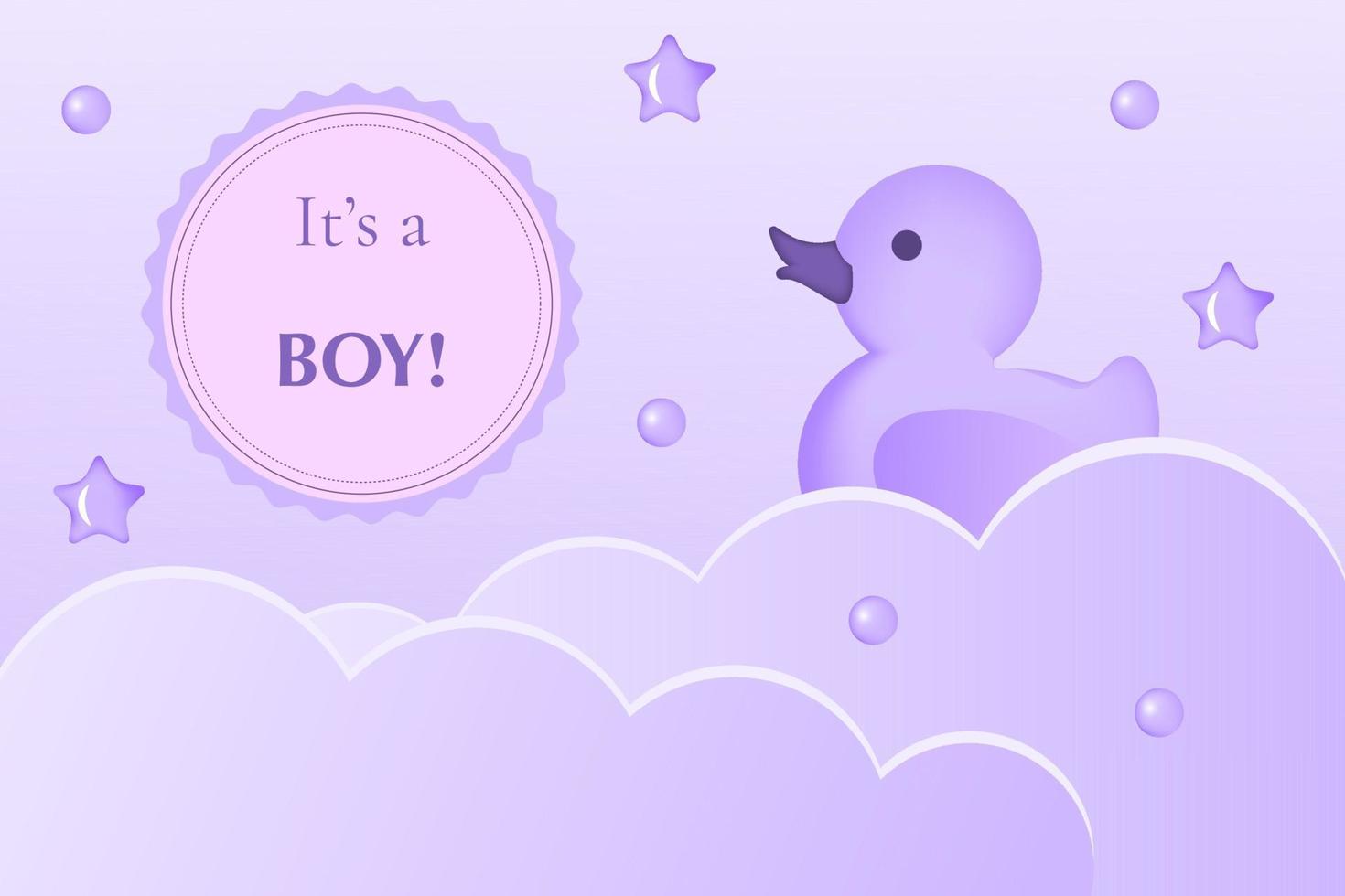 es un niño. nubes de dibujos animados, juguete de pato sobre fondo púrpura pastel. banner horizontal de ducha de bebé. ilustración vectorial vector