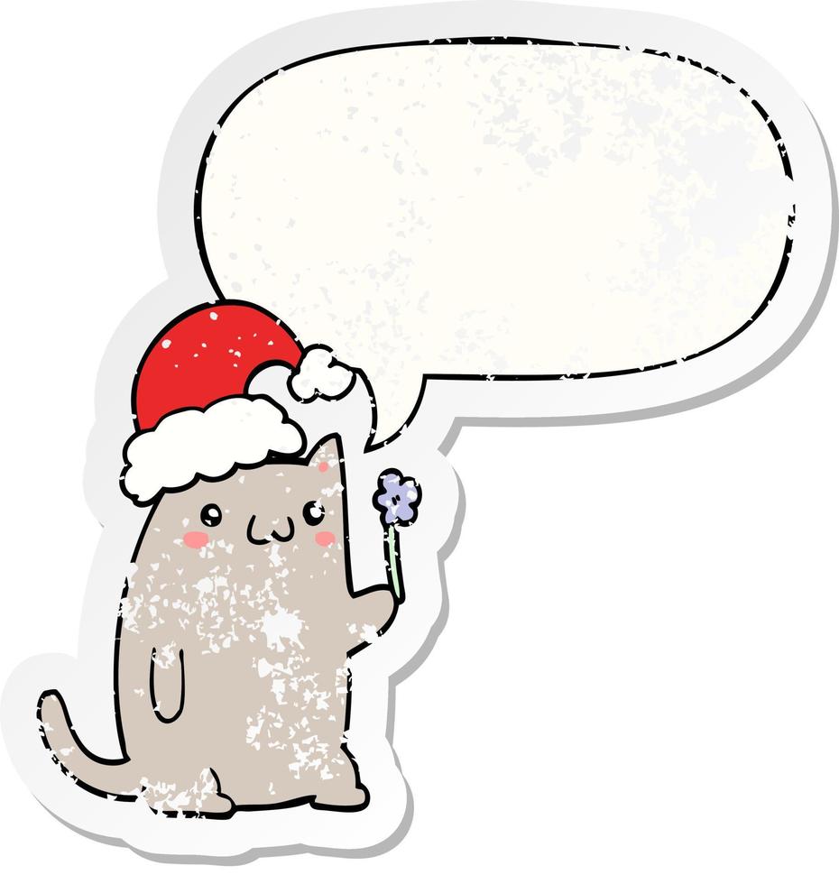 cute cartoon christmas cat and speech bubble distressed sticker vector