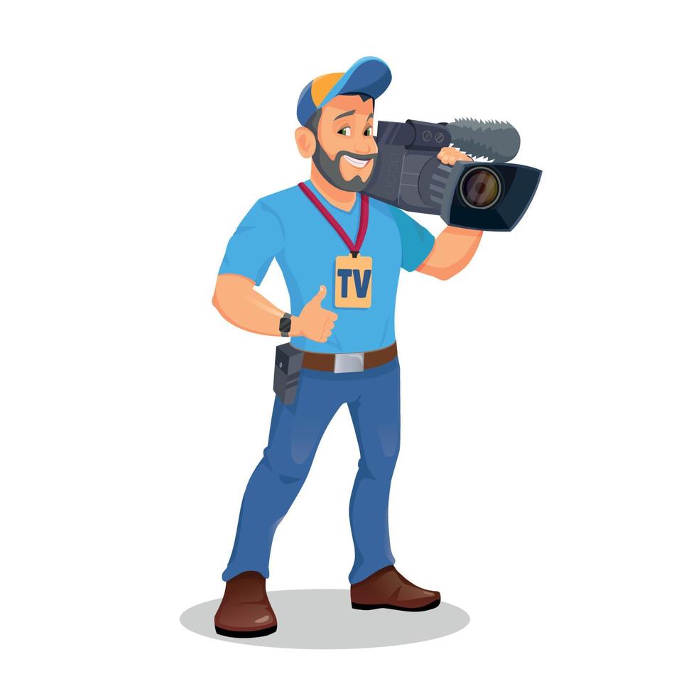 Cameraman or video operator shooting a video. Vector illustration isolated on white.