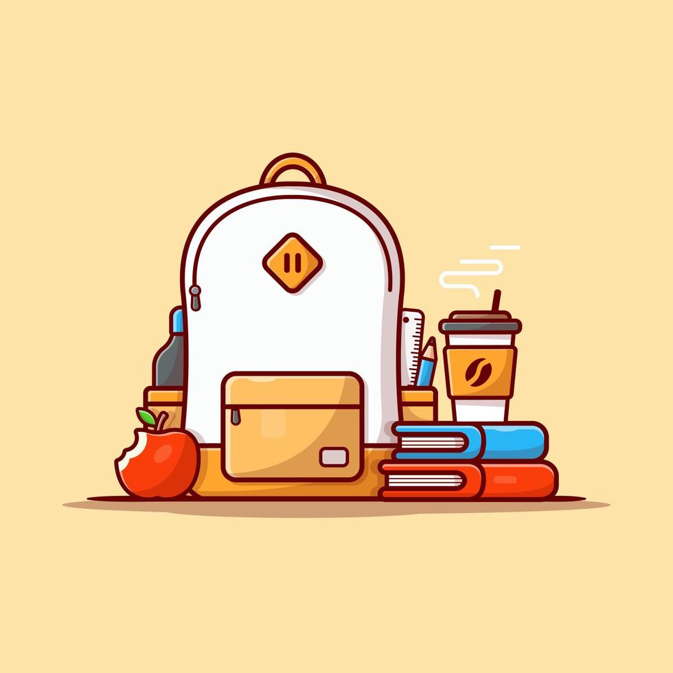 ilustración de icono de vector de dibujos animados de taza de café, libro, manzana y mochila. concepto de icono de comida educativa vector premium aislado. estilo de dibujos animados plana