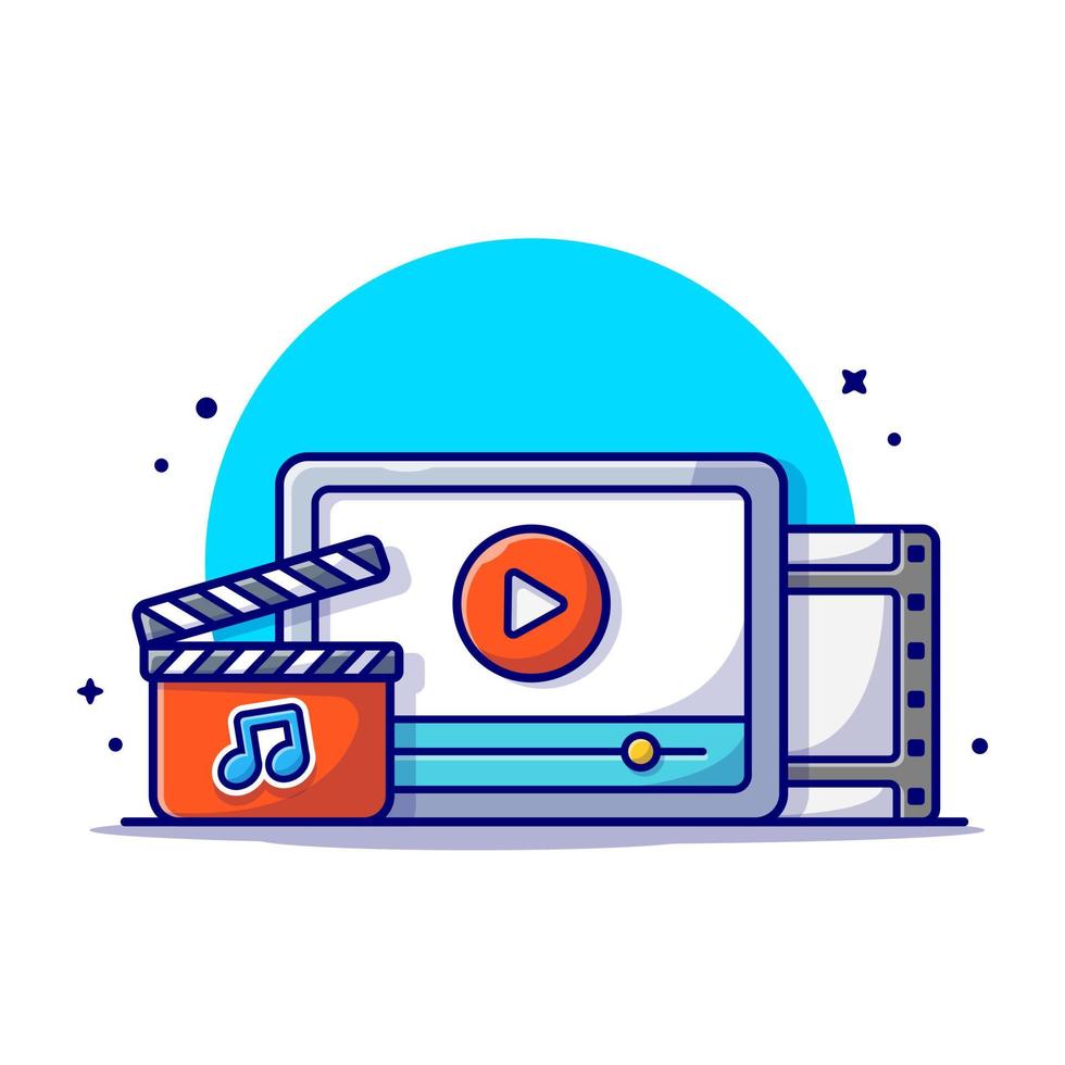Streaming Music Video with Play Button and Note of Music  Cartoon Vector Icon Illustration. Technology Art Icon Concept  Isolated Premium Vector. Flat Cartoon Style