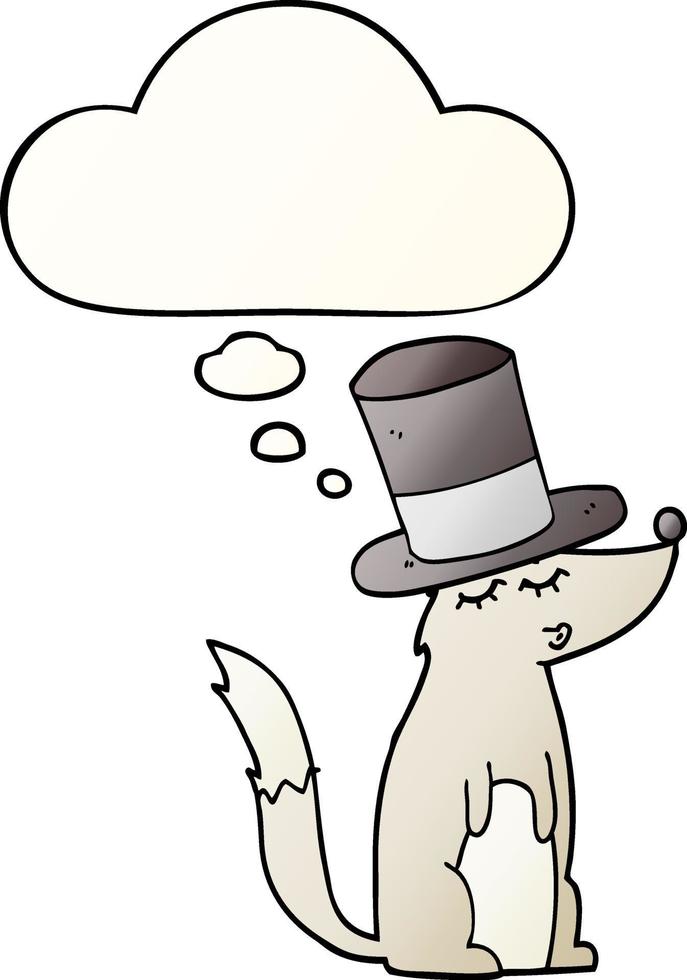 cartoon wolf whistling wearing top hat and thought bubble in smooth gradient style vector