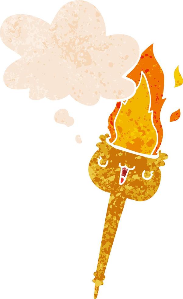 cartoon flaming torch and thought bubble in retro textured style vector