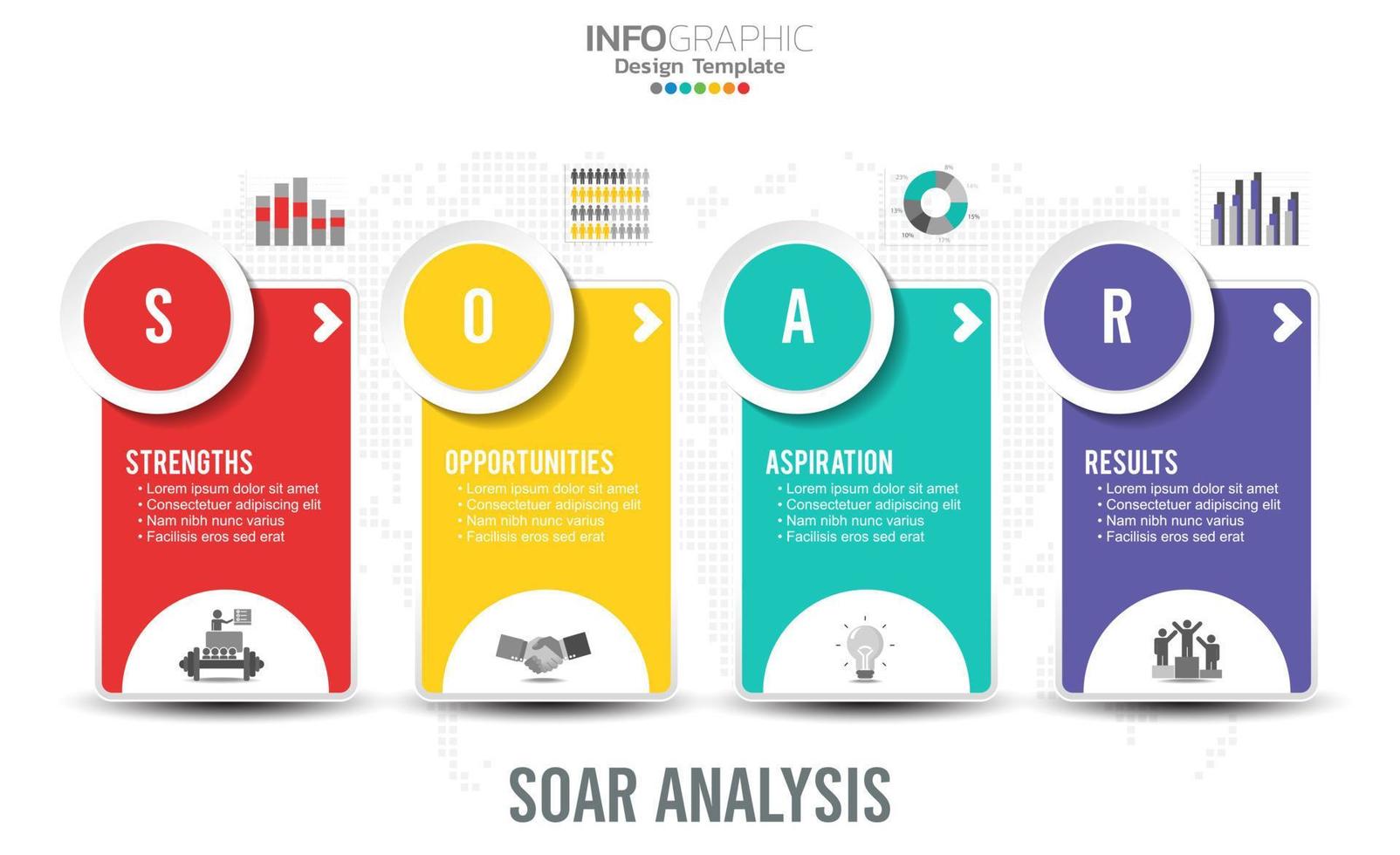 SOAR banner infographic for business analysis, strength, opportunities, aspirations and results. vector