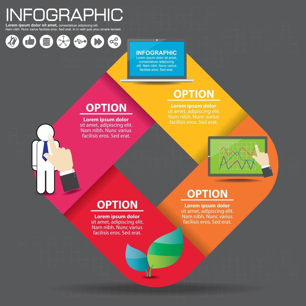 plantilla de diseño infográfico y concepto de negocio con 4 opciones, partes, pasos o procesos. se puede utilizar para diseño de flujo de trabajo, diagrama, opciones numéricas, diseño web. vector