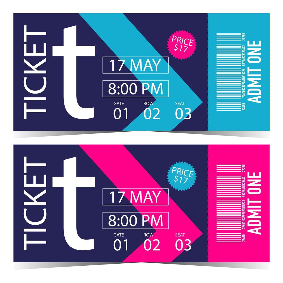 Modern ticket design template with indicated date, time, gate, row, seat, price, bar code on detachable part, in pink and blue colours. Suitable for event access, festival entrance, show and cinema. vector