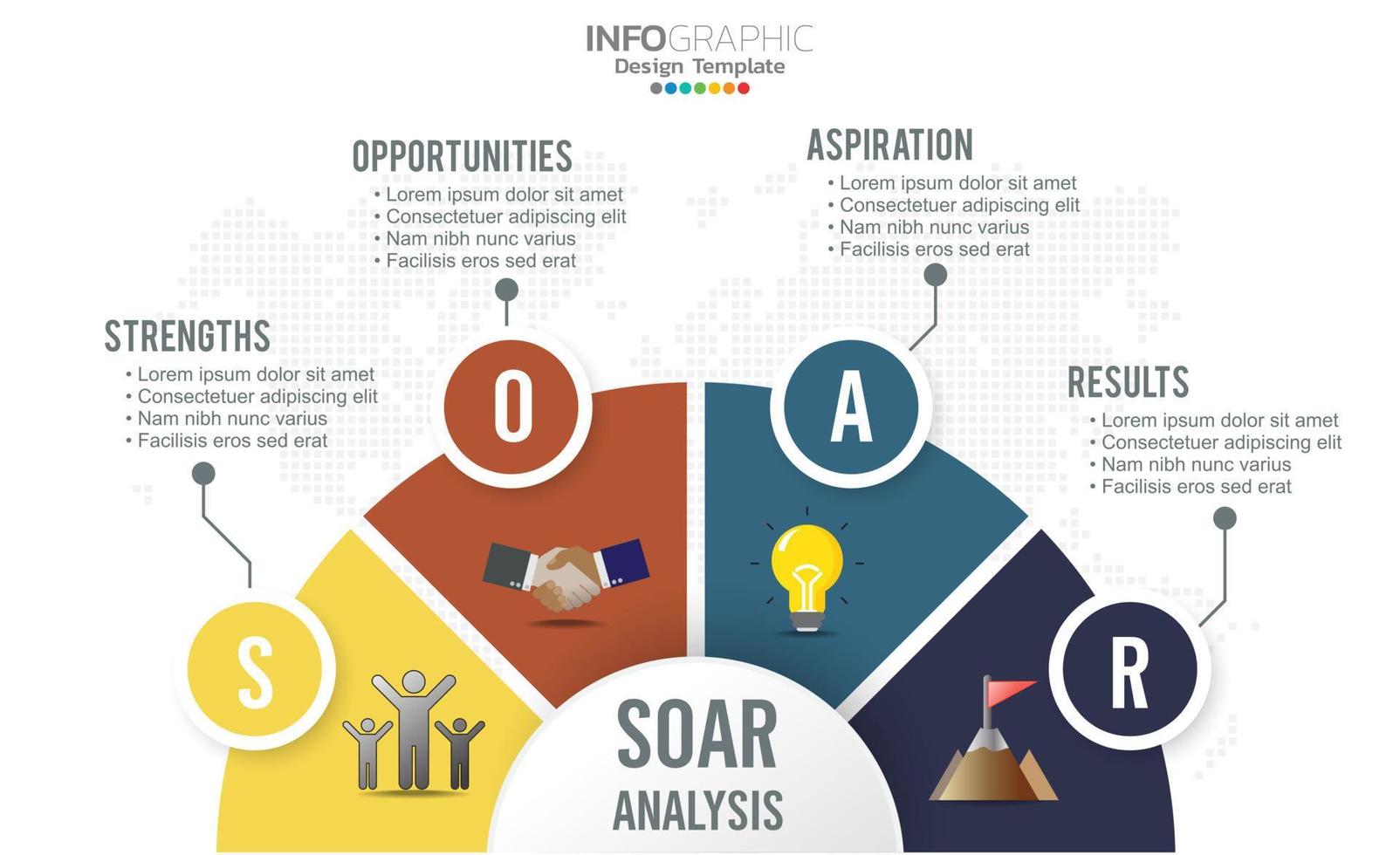 soar banner infográfico para análisis de negocios, fortaleza, oportunidades, aspiraciones y resultados. vector