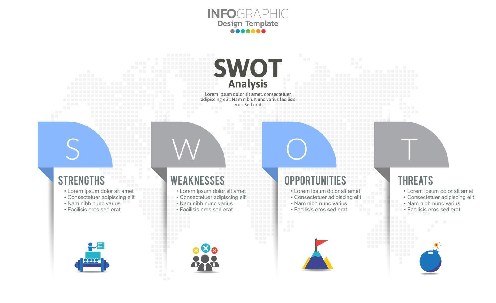 SWOT-analysis template or strategic planning technique. Infographic design with four elements template. vector