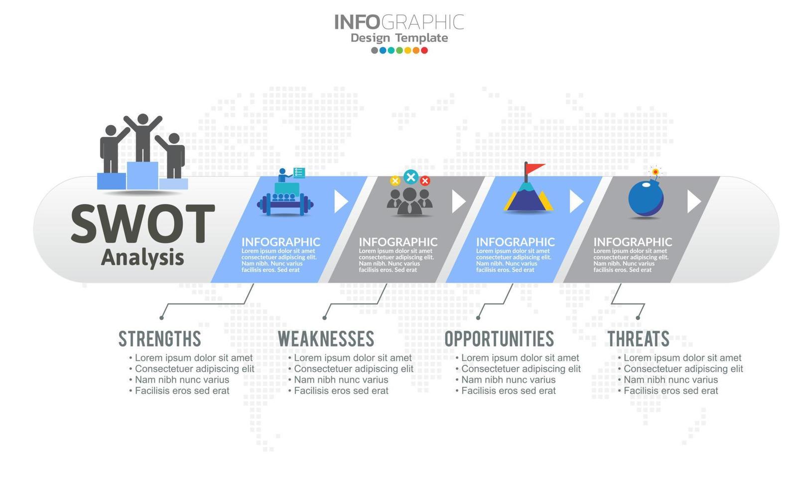 SWOT-analysis template or strategic planning technique. Infographic design with four elements template. vector