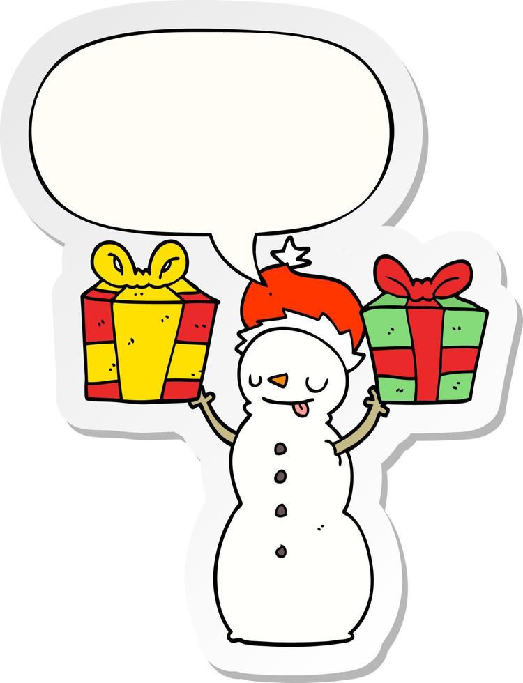 cartoon snowman and present and speech bubble sticker vector