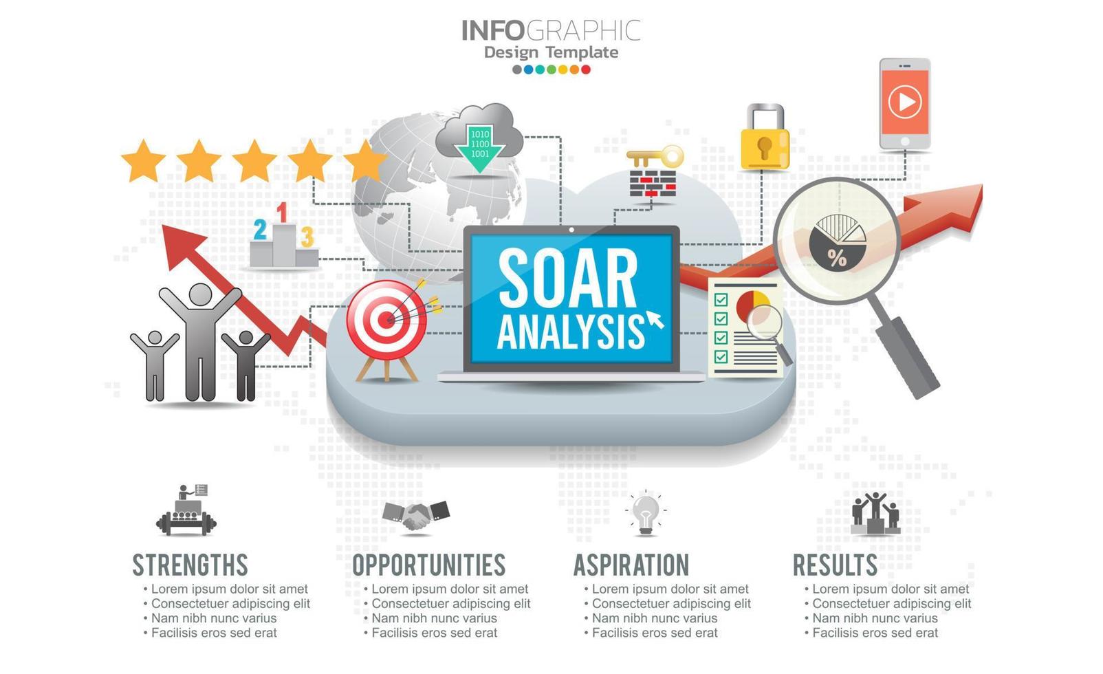 soar banner infográfico para análisis de negocios, fortaleza, oportunidades, aspiraciones y resultados. vector