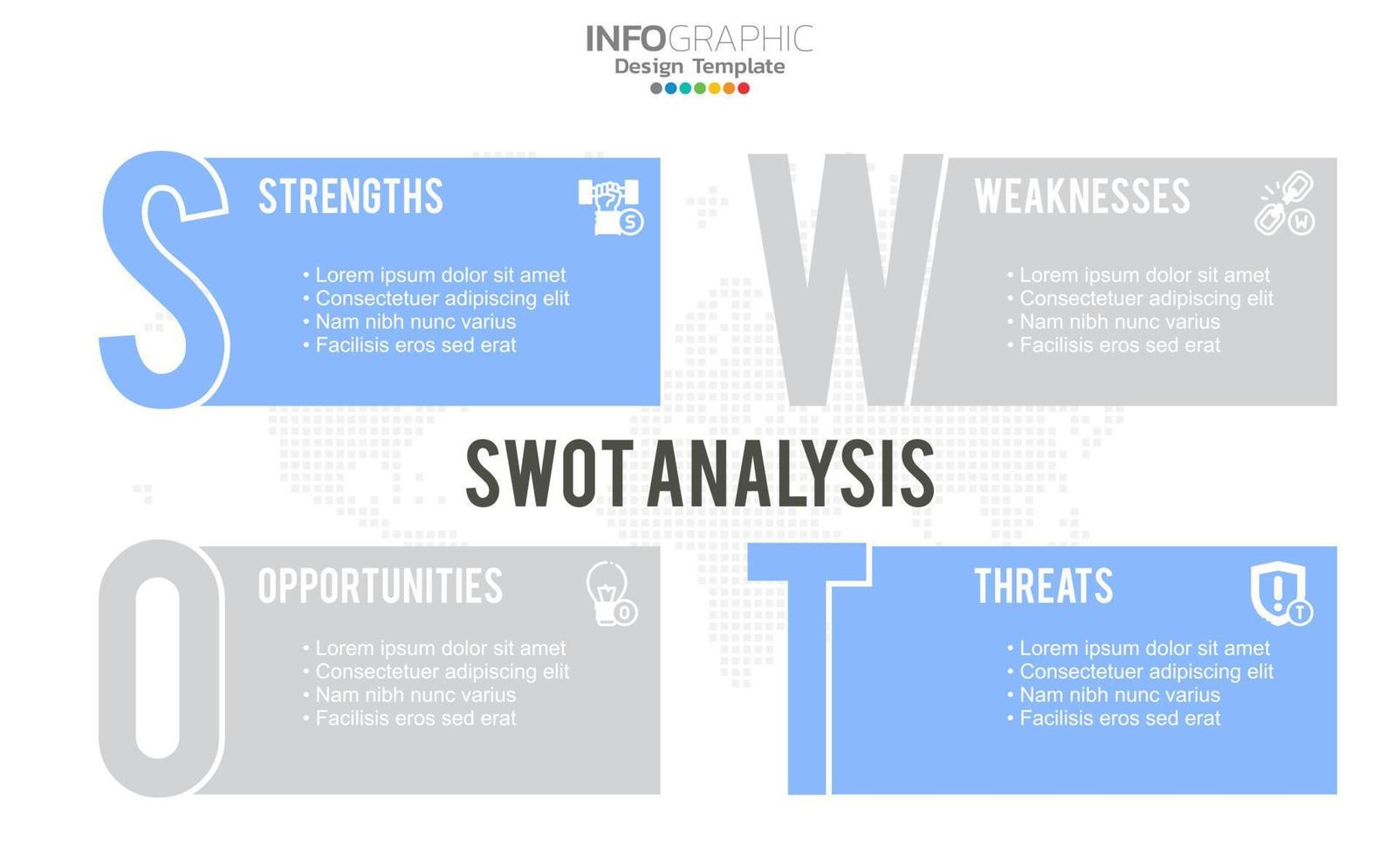 SWOT-analysis template or strategic planning technique. Infographic design with four elements template. vector