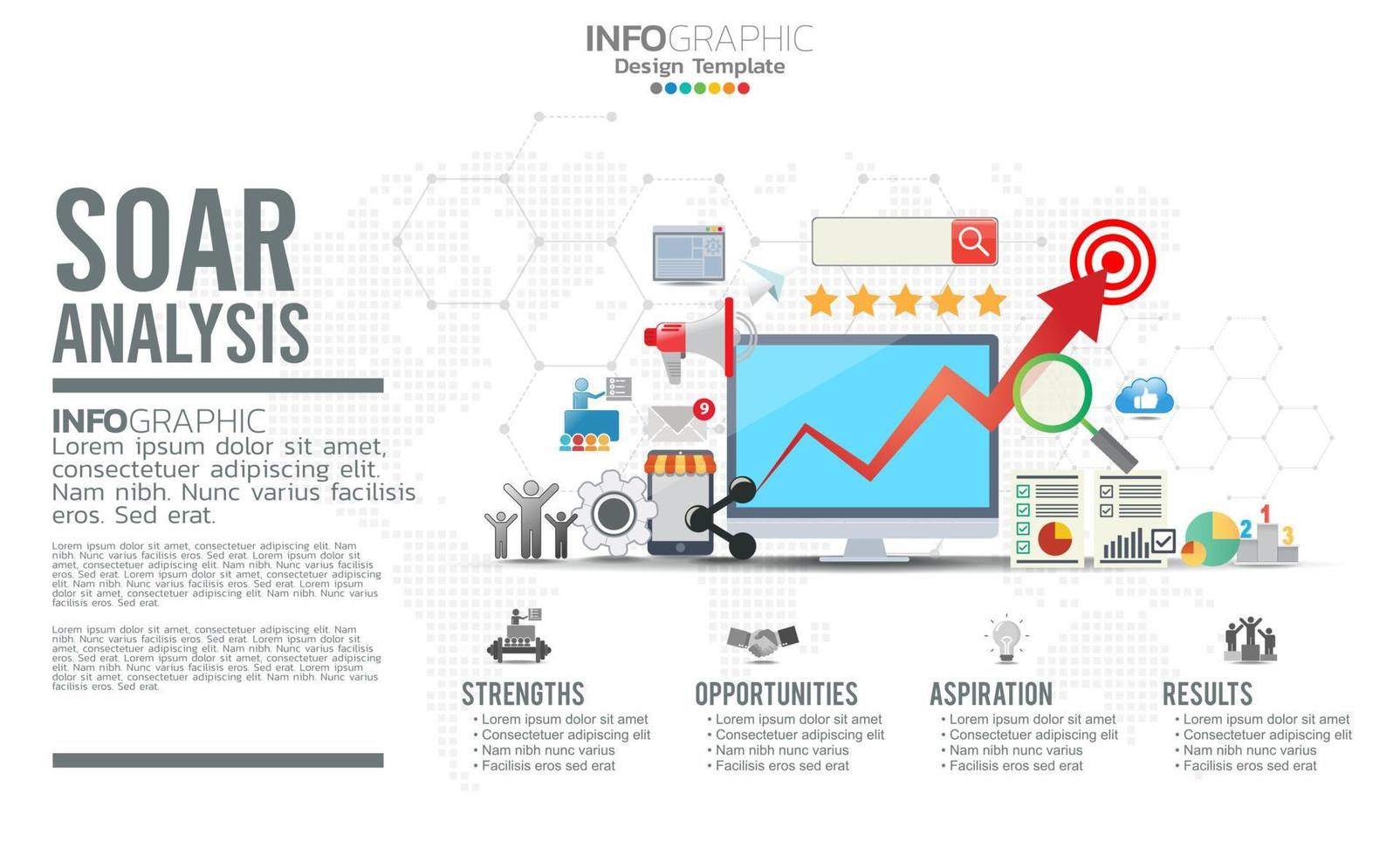 SOAR banner infographic for business analysis, strength, opportunities, aspirations and results. vector