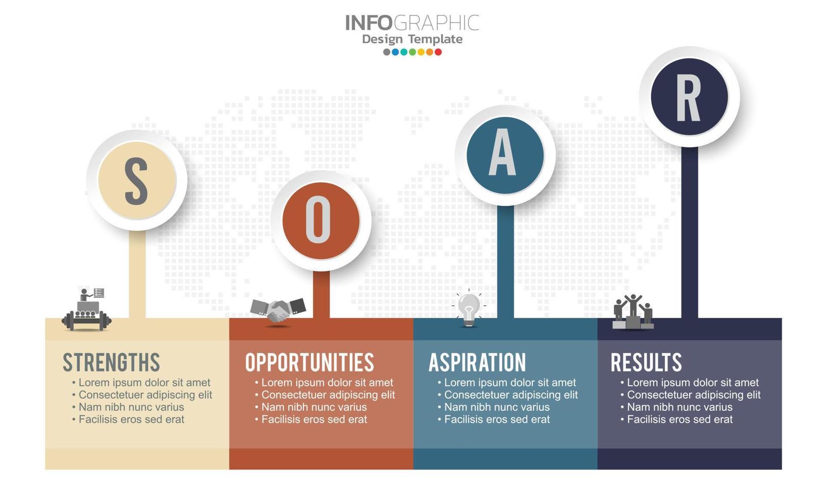 SOAR banner infographic for business analysis, strength, opportunities, aspirations and results. vector