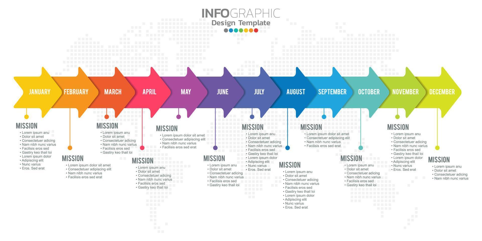 presentación infográfica de línea de tiempo para 1 año 12 meses utilizada para el concepto de negocio con 12 opciones, pasos y procesos. vector