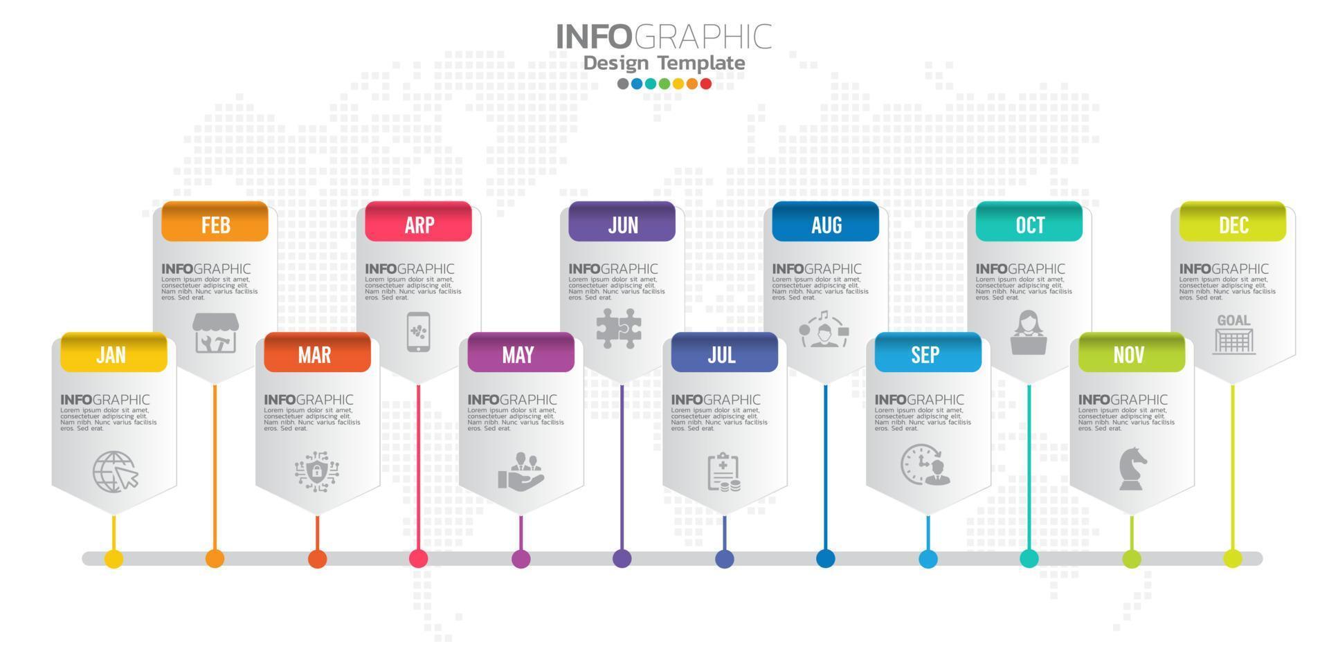 Timeline infographic presentation for 1 year 12 months used for Business concept with 12 options, steps and processes. vector