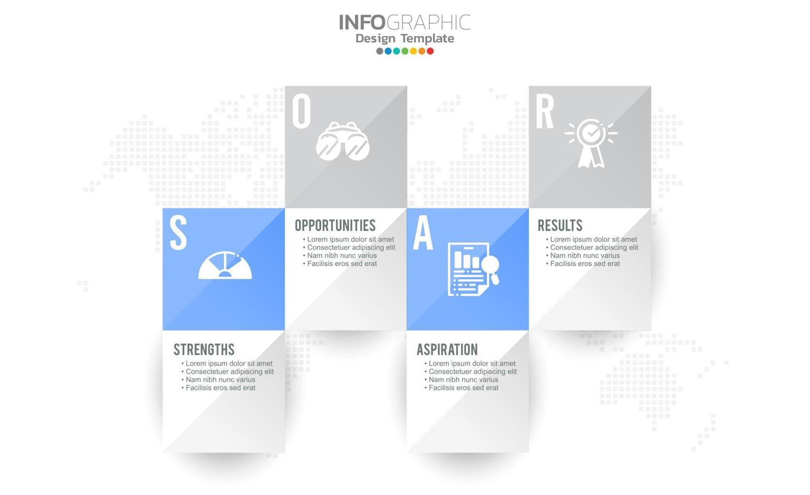 soar banner infográfico para análisis de negocios, fortaleza, oportunidades, aspiraciones y resultados. vector