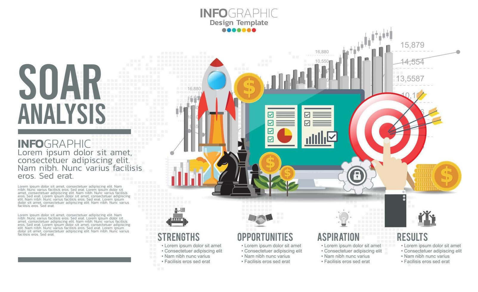 SOAR banner infographic for business analysis, strength, opportunities, aspirations and results. vector