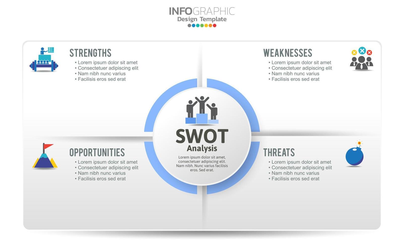 SWOT-analysis template or strategic planning technique. Infographic design with four elements template. vector