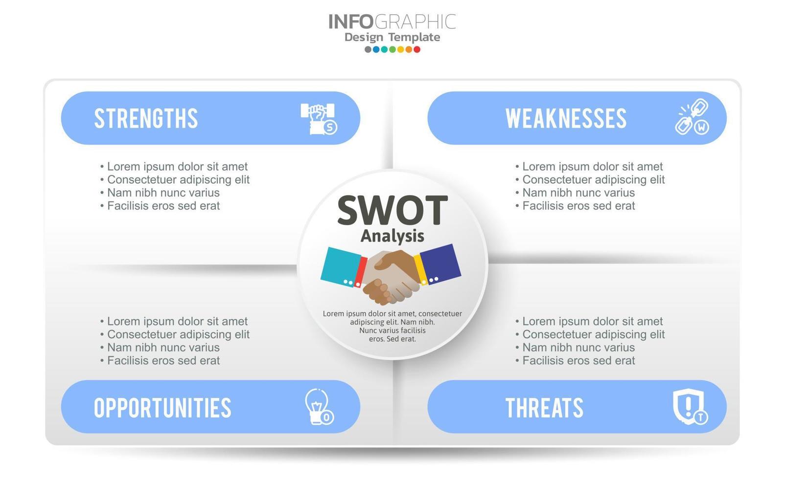 SWOT-analysis template or strategic planning technique. Infographic design with four elements template. vector