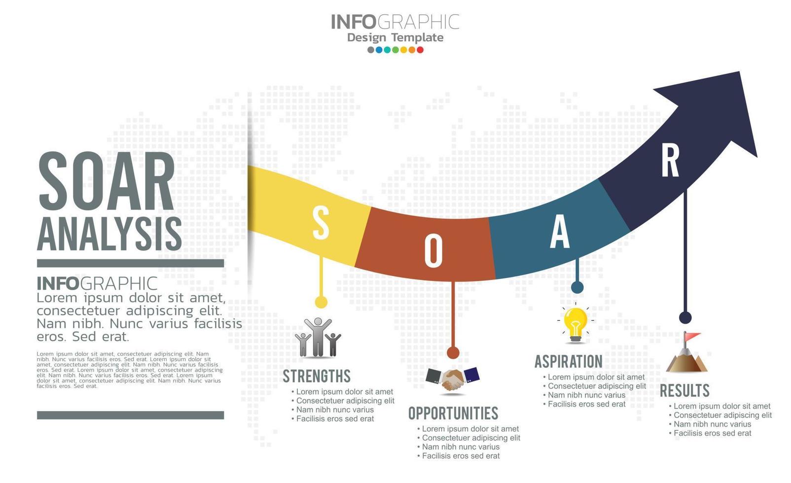 SOAR banner infographic for business analysis, strength, opportunities, aspirations and results. vector
