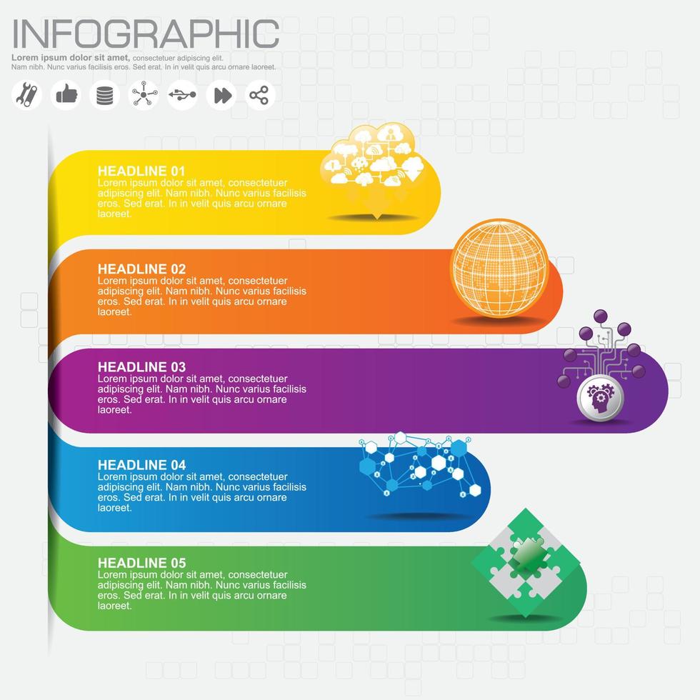 banner de opciones de infografía moderna. concepto de negocio con 5 pasos, opciones, piezas. vector de fondo. se puede utilizar para el diseño del flujo de trabajo, folletos, diagramas, gráficos, números y opciones de aumento, diseño web