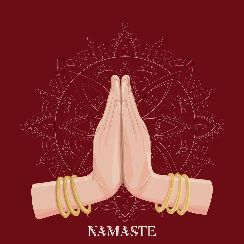 ilustración de karma representado con namaste, postura de saludo de mano de mujeres indias de namaste con ilustración de vector de flor de loto