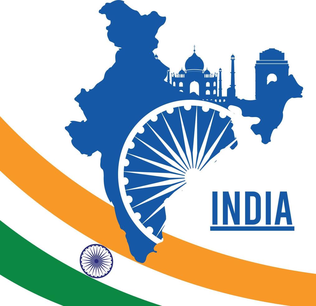 India country illustration with flag, wheel, gateway of india, taj mahal, travel vector