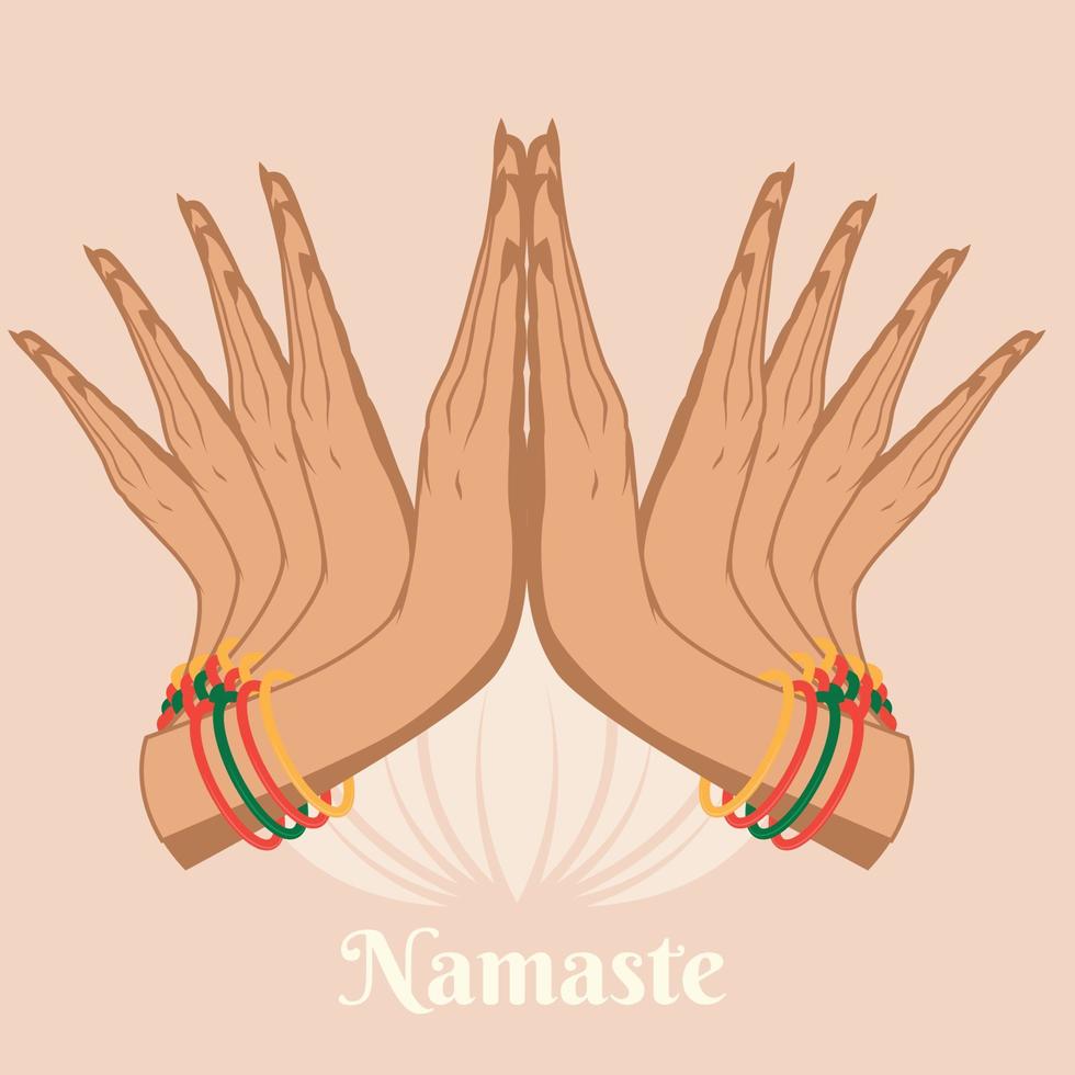 ilustración de karma representado con namaste, postura de saludo de mano de mujeres indias de namaste con ilustración de vector de flor de loto