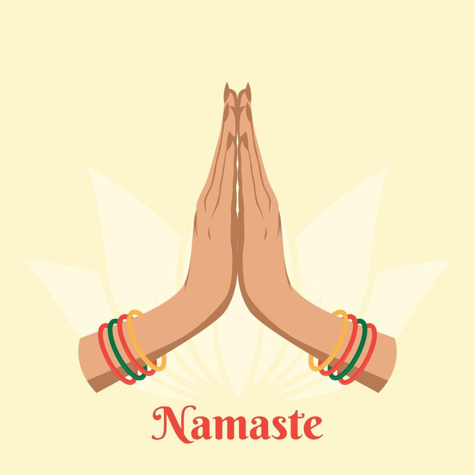 ilustración de karma representado con namaste, postura de saludo de mano de mujeres indias de namaste con ilustración de vector de flor de loto