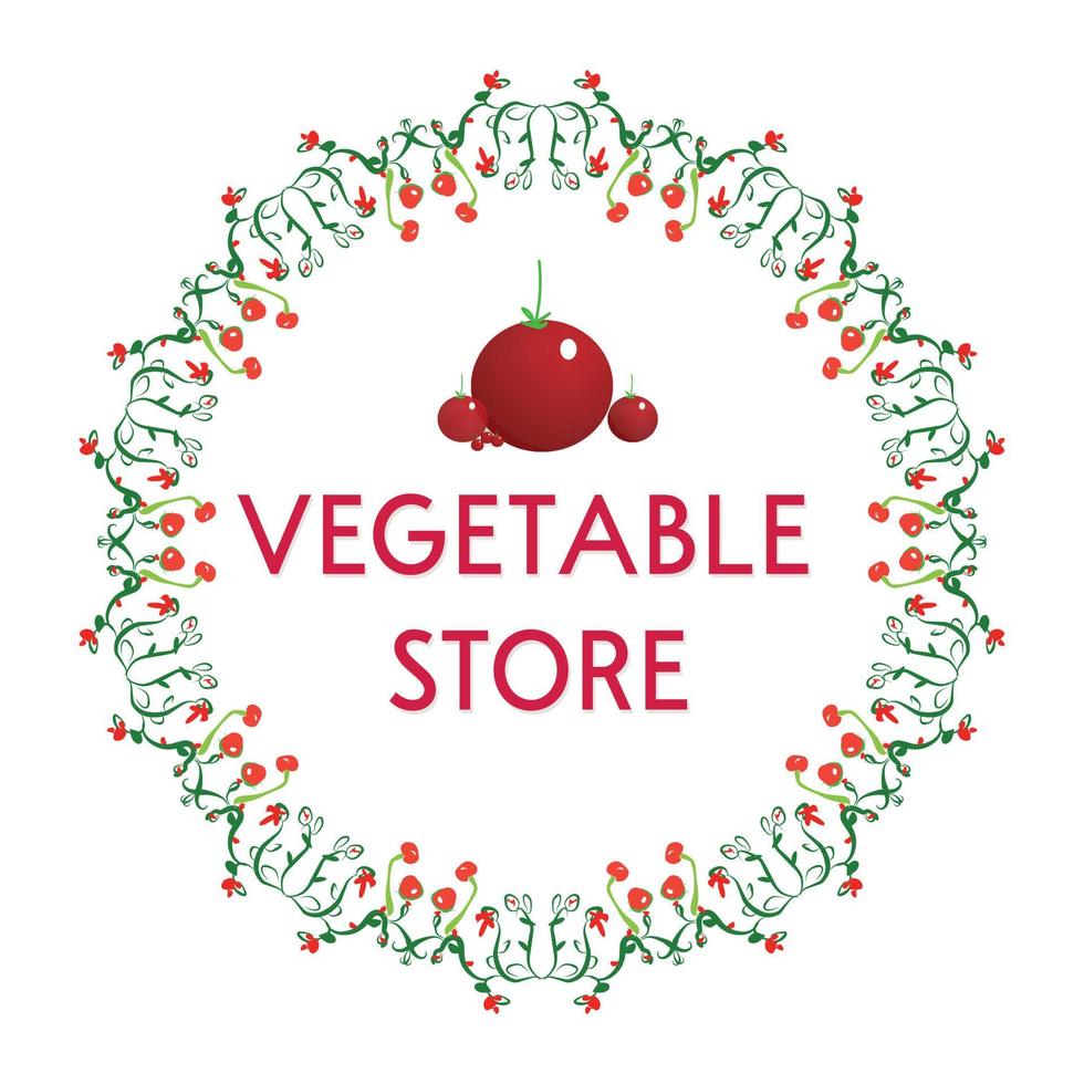 logotipo de la tienda de verduras con hermosas hojas, tomate y muchos más vector