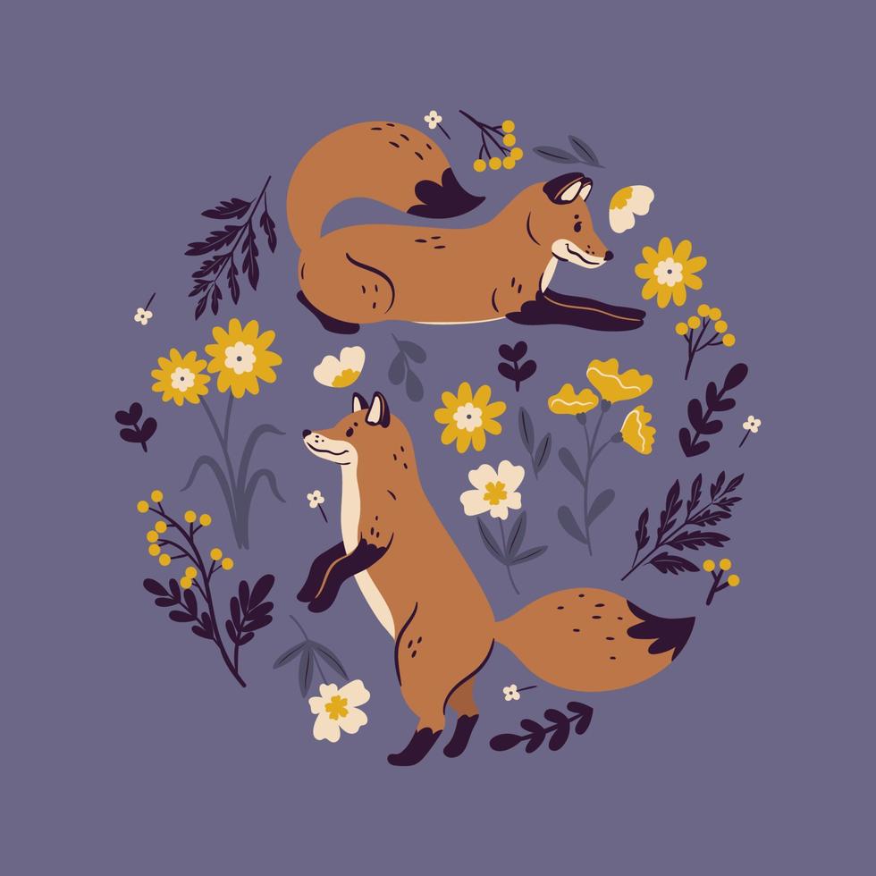 Round composition with foxes and flowers. Vector graphics.