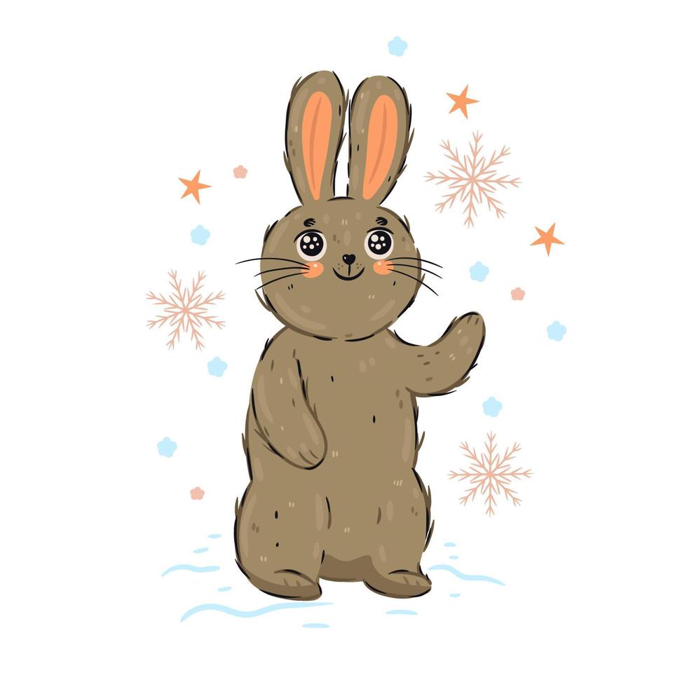 Cute rabbit and snowflakes isolated on white background. vector
