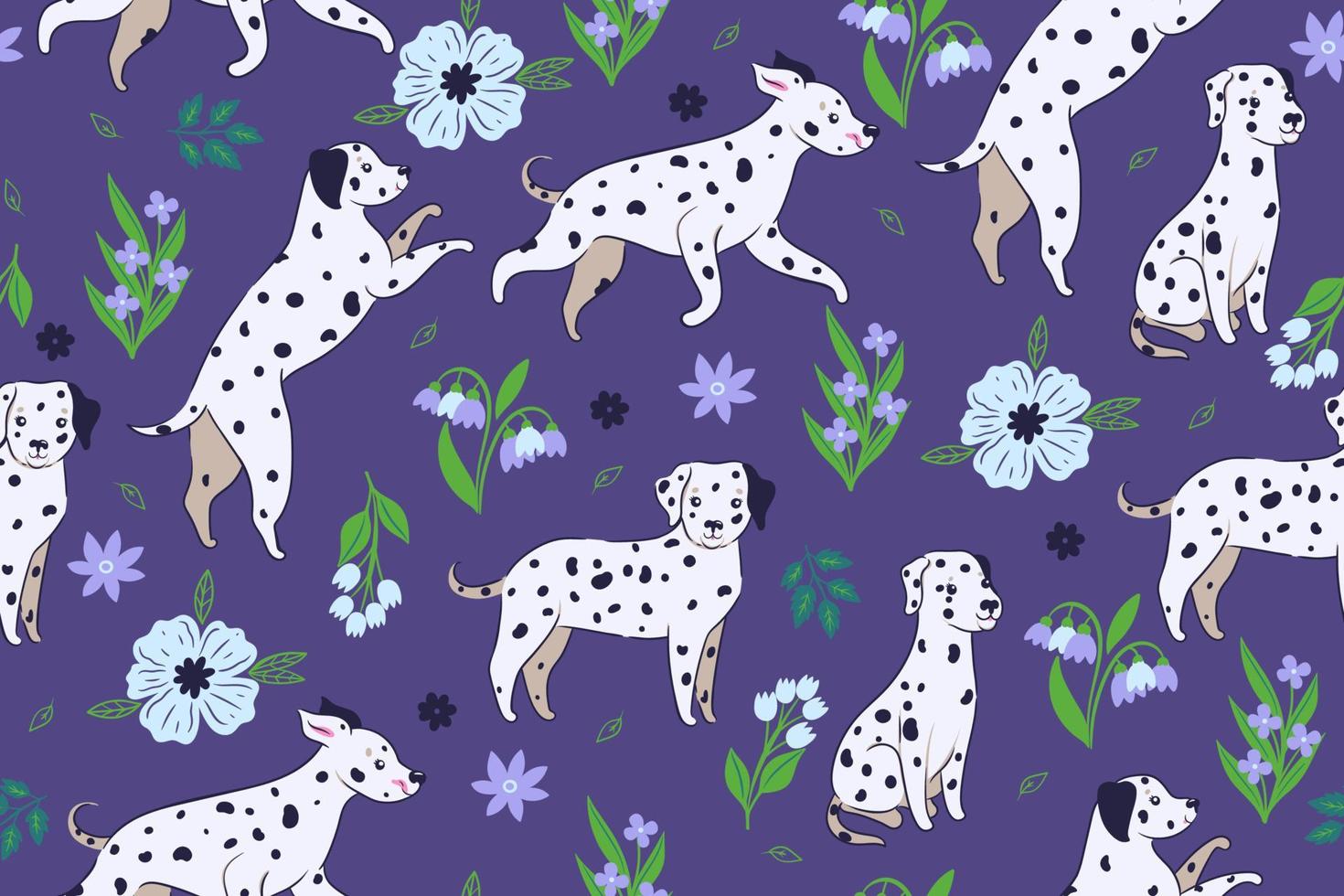 Seamless pattern with cute Dalmatian dogs. Vector graphics.