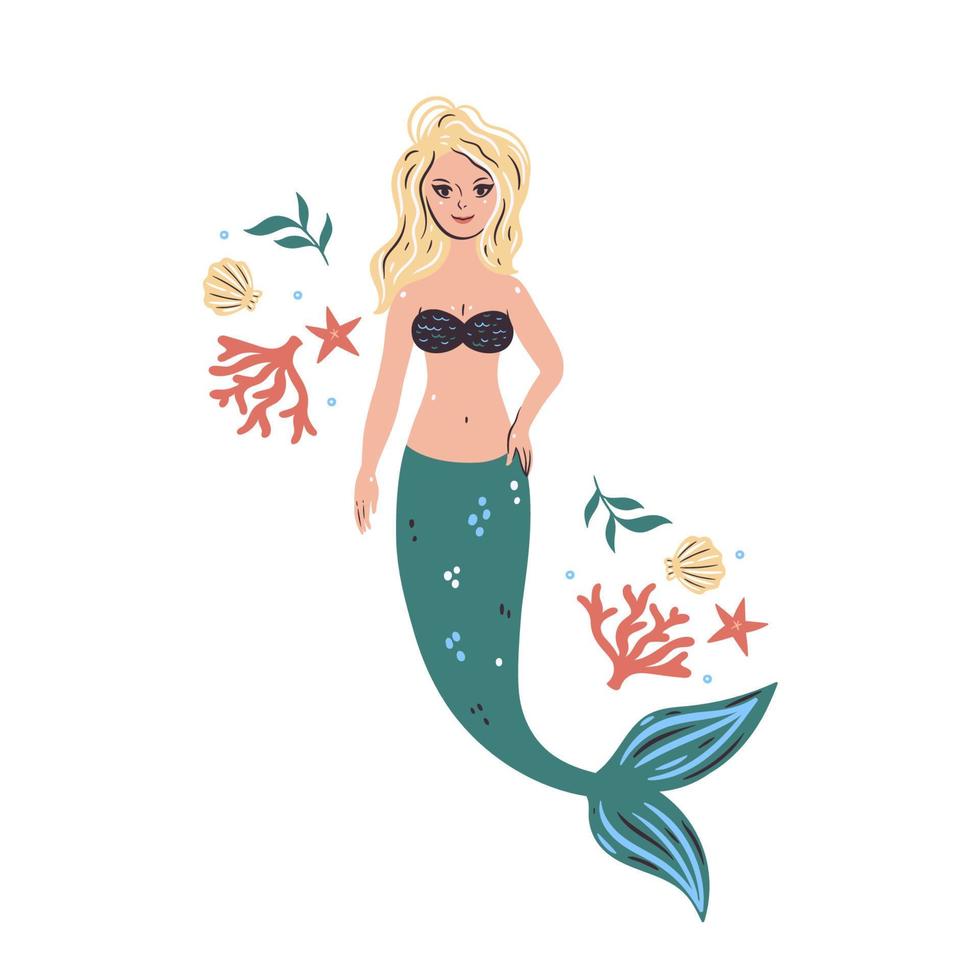 Cute mermaid isolated on white background. Vector graphics.