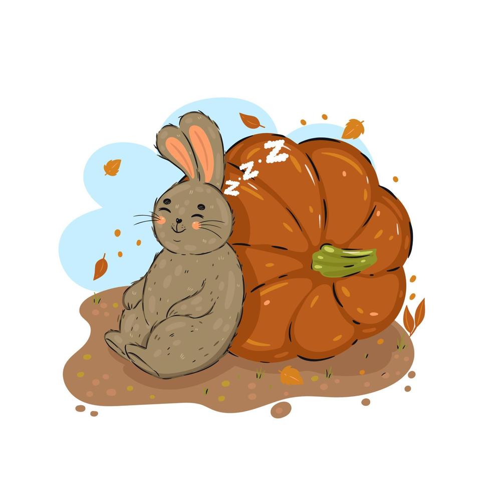 lindo conejo duerme apoyado en una calabaza. vector