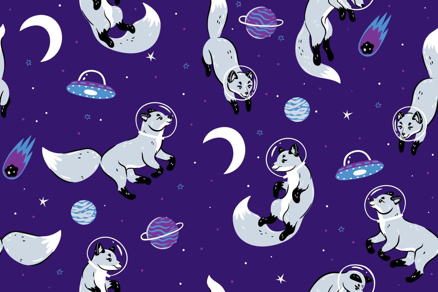 Seamless pattern with white space foxes. Vector graphics.