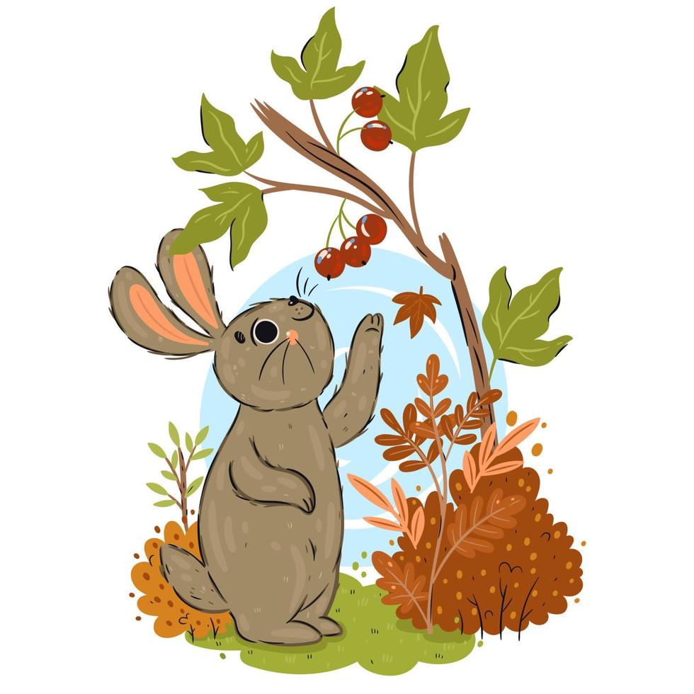 A cute rabbit is picking autumn berries. vector
