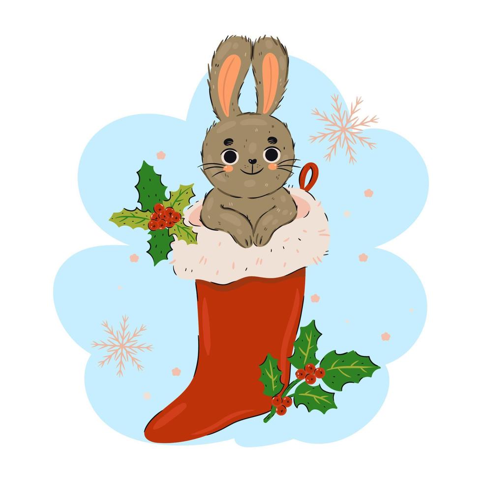 Cute rabbit in a Christmas sock. vector