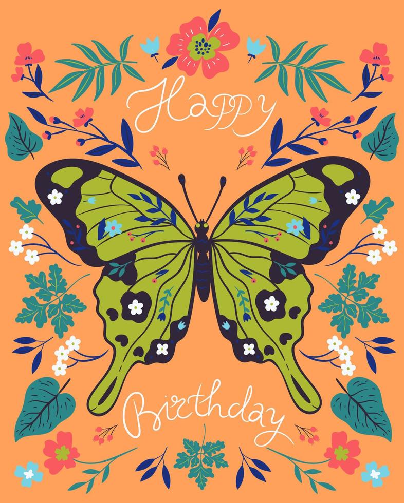 tarjeta de cumpleaños con flores y mariposas. vector