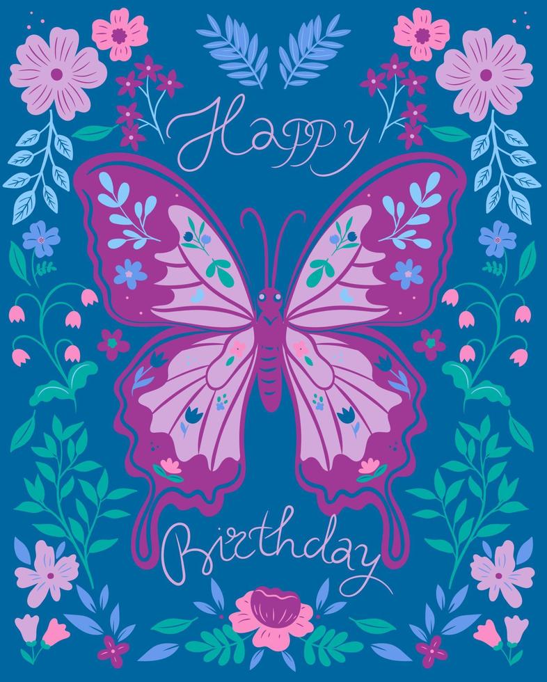 tarjeta de cumpleaños con flores y mariposas. vector