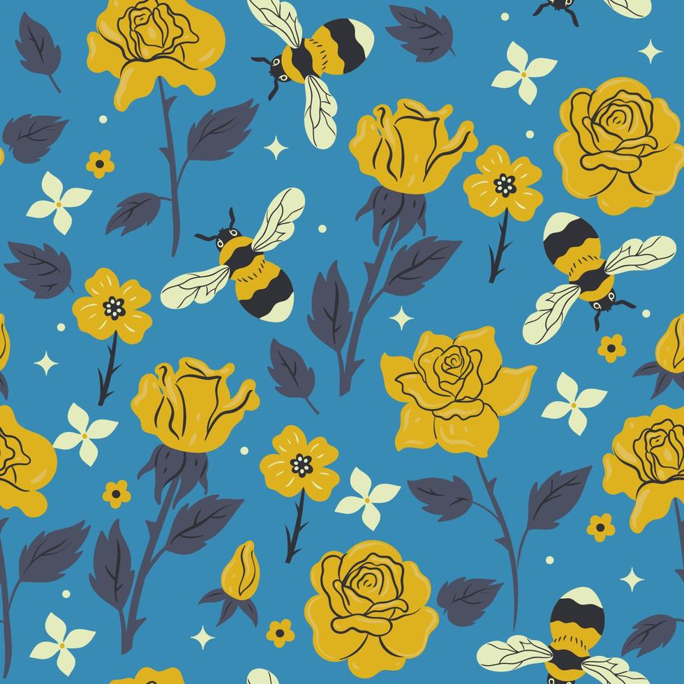 Seamless pattern with bumblebees and yellow roses. Vector graphics.