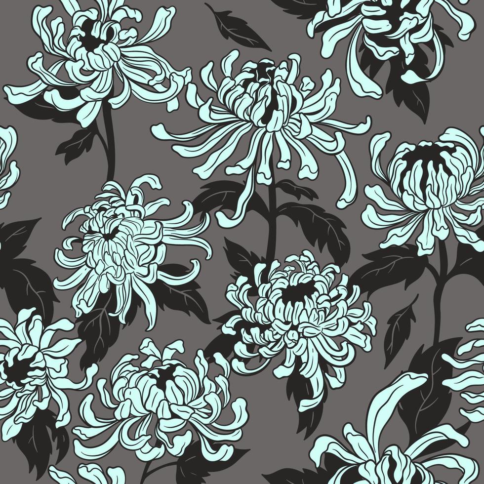 Seamless pattern with chrysanthemum flowers and leaves. Vector graphics.