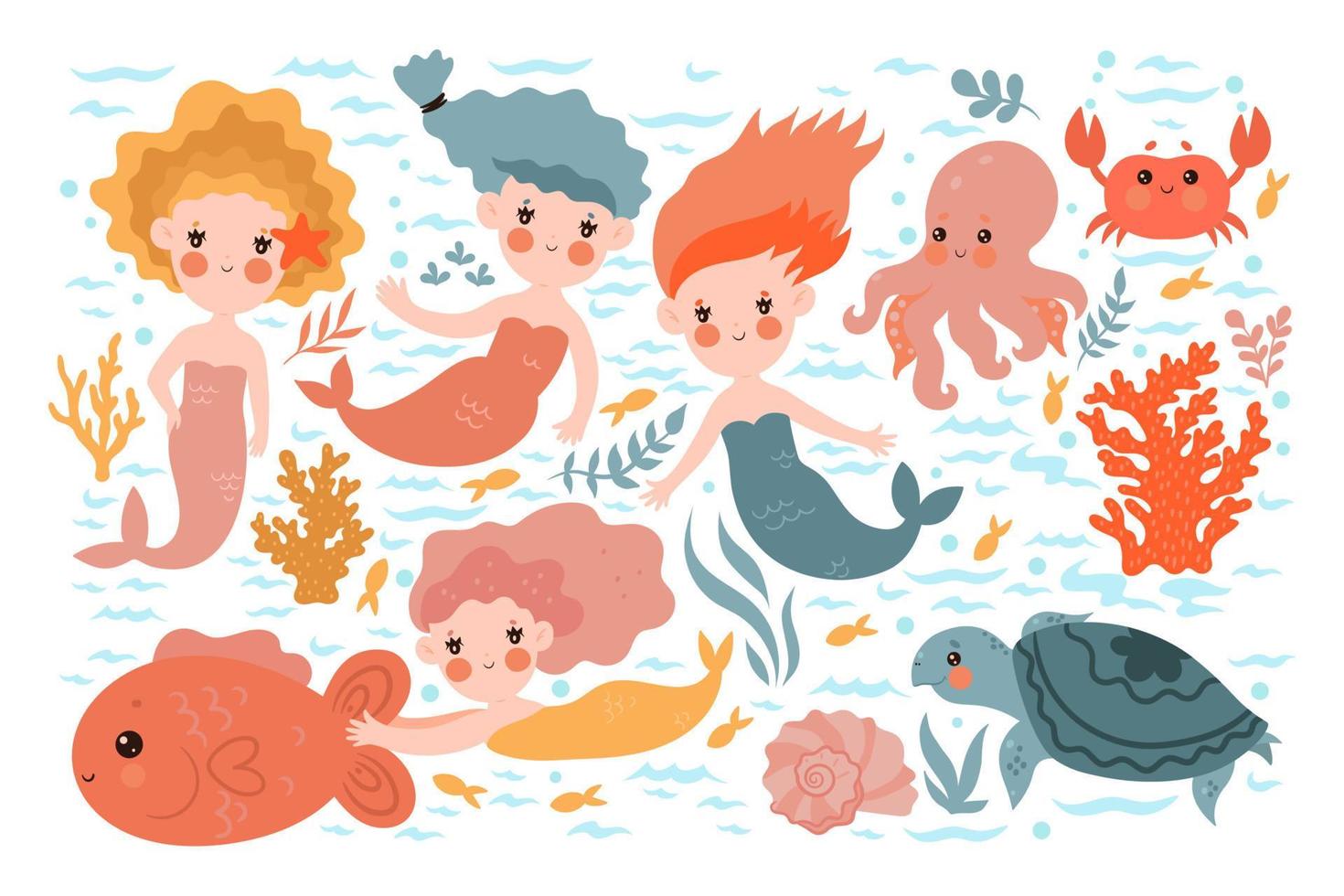 Collection of cute mermaids and sea animals isolated on white background. vector